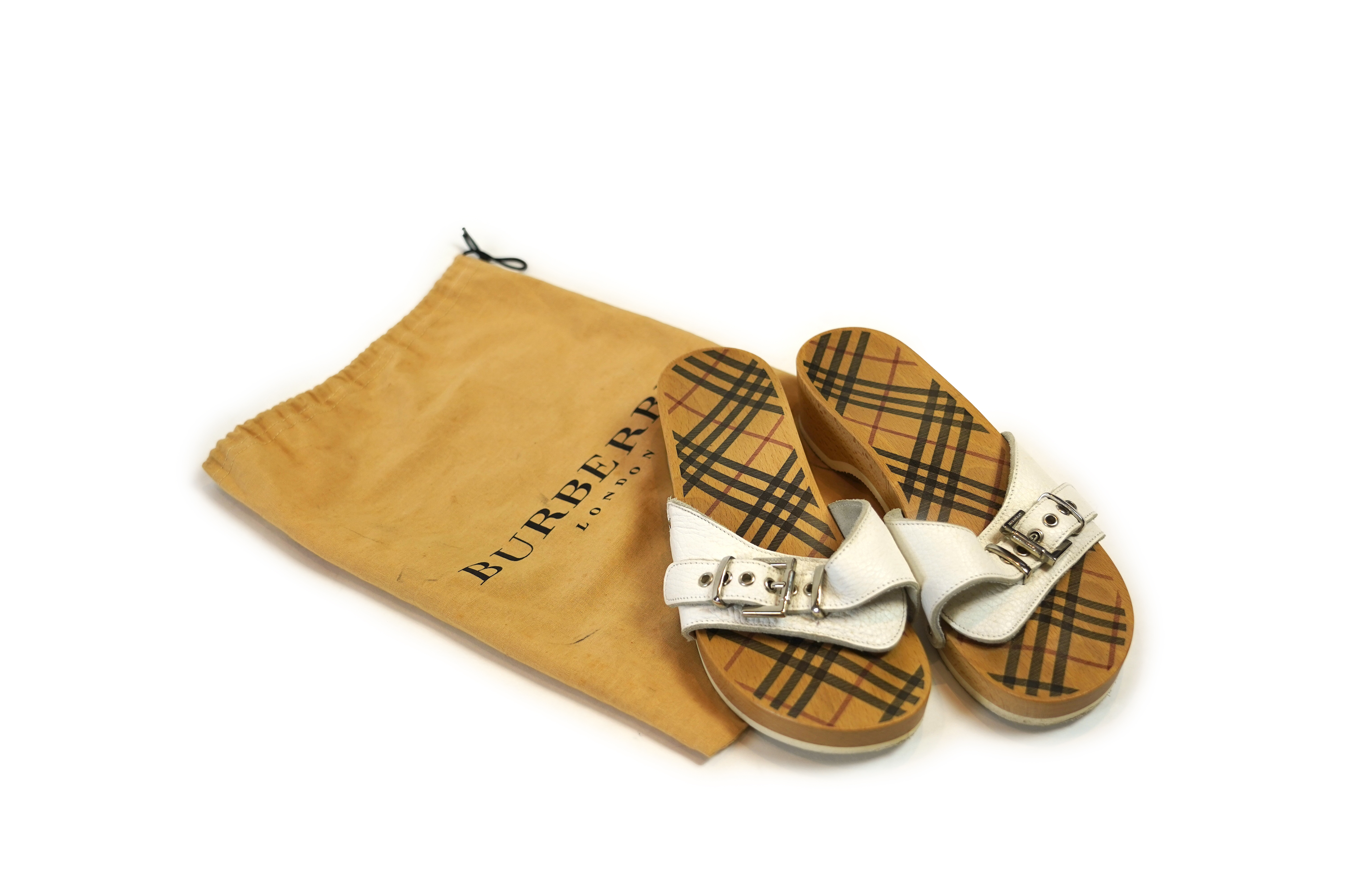 A pair of vintage Burberry white leather clog slides, with dust bag. Size 39